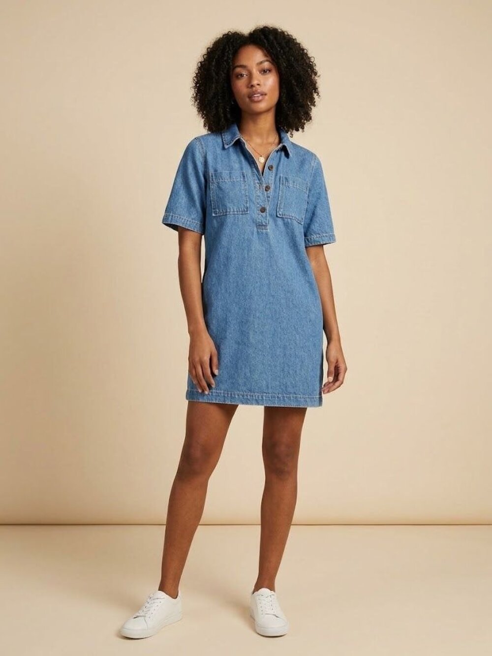 Future Collective Womens Denim Shirt Dress M Blue Short Sleeve Button Front Mini